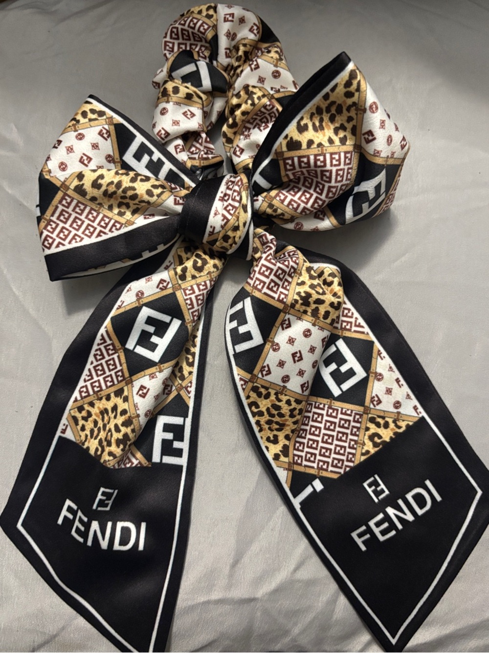 Fendi Black Gold White Leopard-Print Logo Bow Hair Scarf